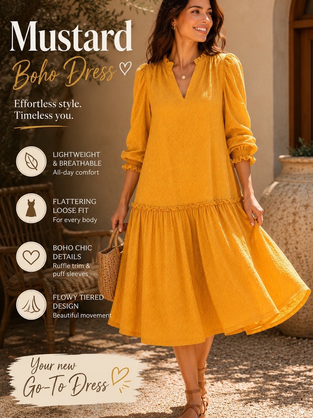 ASOS Mustard Boho Midi Dress | Textured Cotton Puff Sleeve Dress Size L